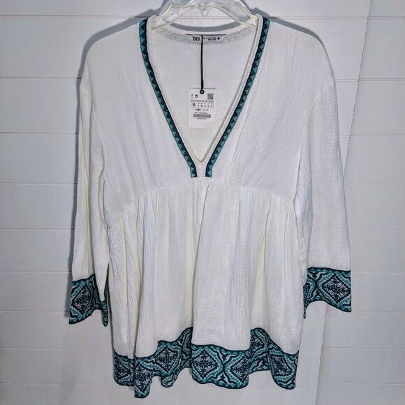Zara Embroidered Textured Dress Women's Small White Boho Beach Coverup NEW! - Picture 3 of 9